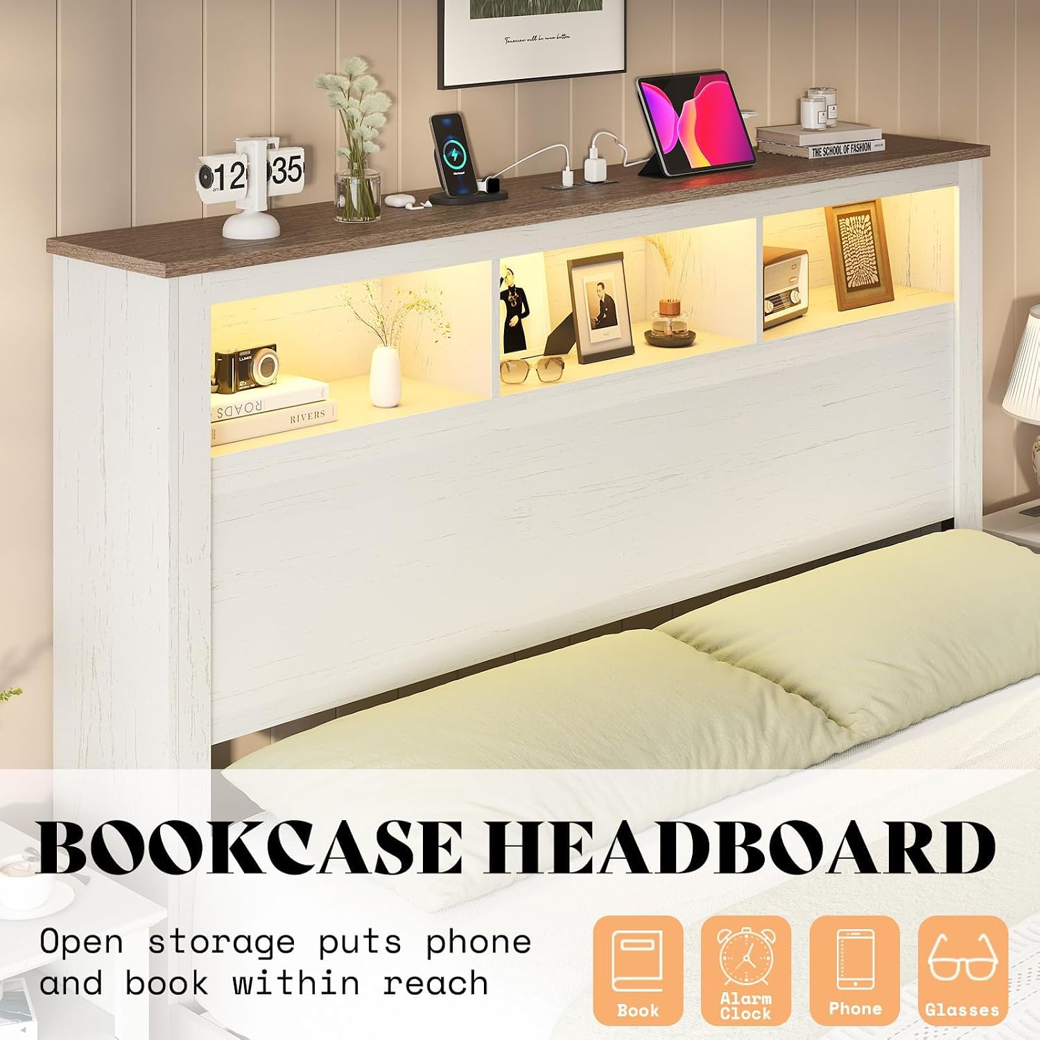 AMERLIFE Farmhouse Bedroom Furniture Set, Includes 2 Nightstands with Charging Station and 1 King Size Bed Frame with Bookcase Headboard, LED Light, Storage & USB-C Charging, Antique White