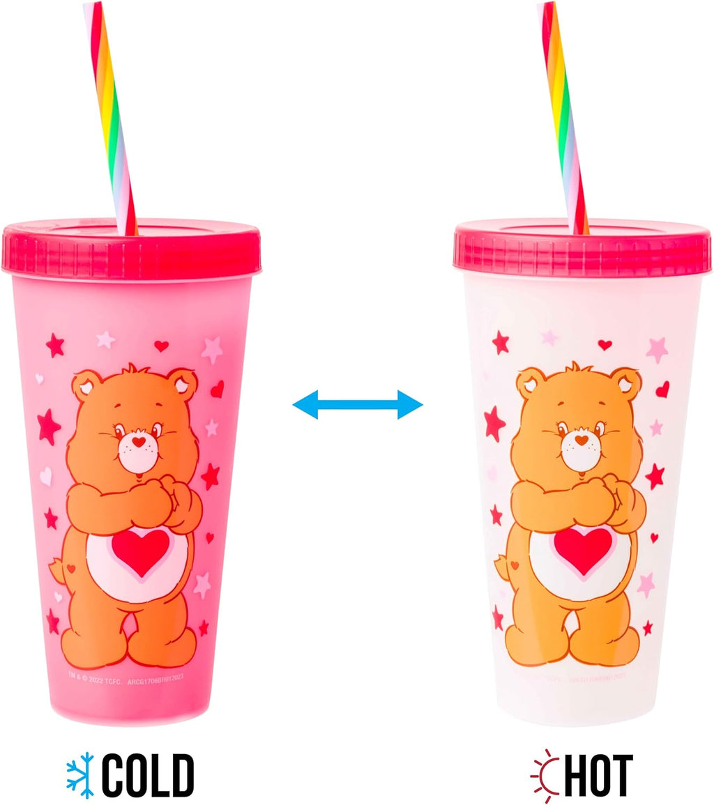 Silver Buffalo Care Bears Hearts and Stars 4 count Plastic Color Changing Tumblers with Rainbow Swirl Straws Featuring Tenderheart, Funshine, Cheer, and Grumpy Bear 24 Ounces (Pack of 12)