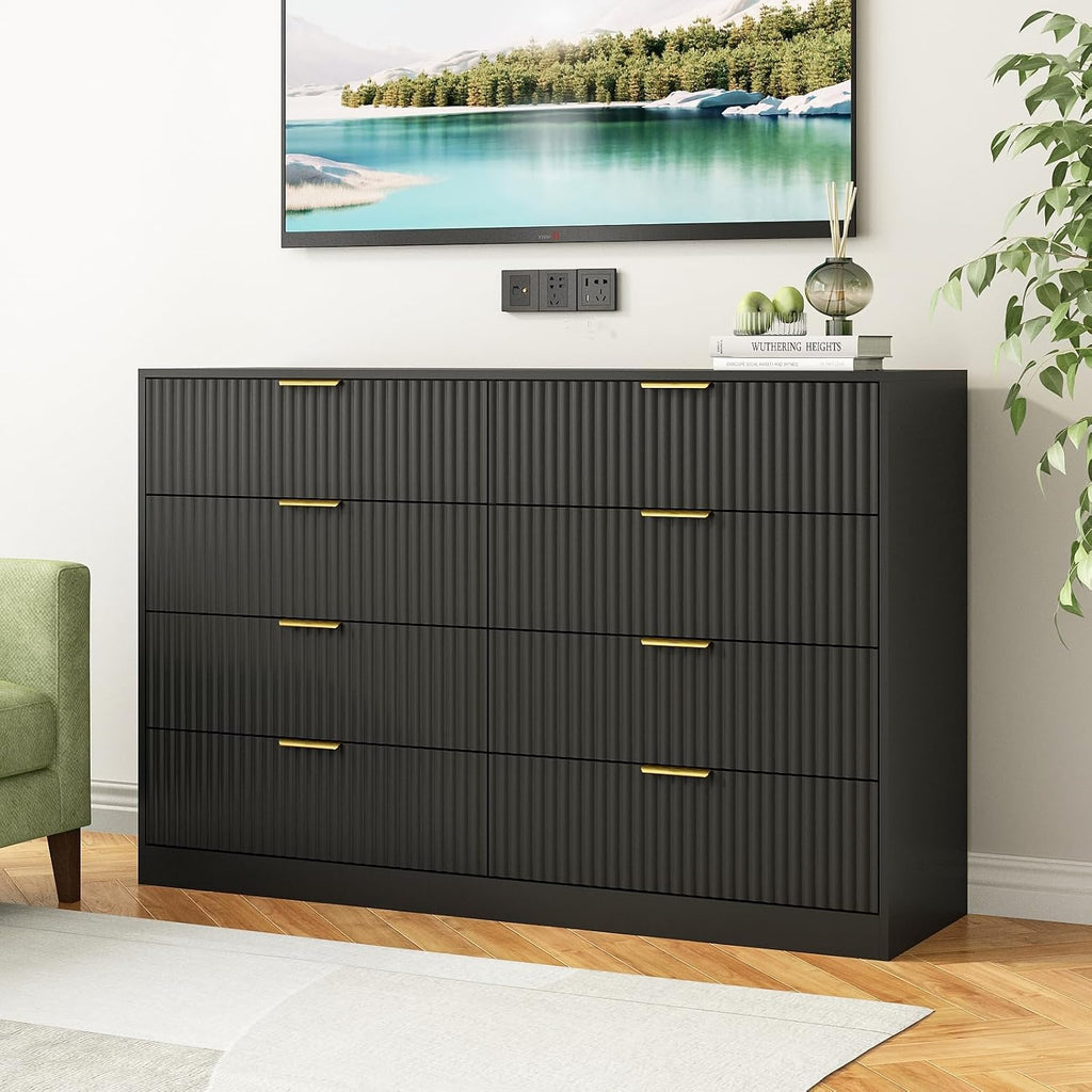 7 Drawer Dresser and Nightstand Sets for Bedroom, 3 Pcs Bedroom Set，Night Stand Set of 2 & 7 Drawer Dresser with Gold Handles, Modern Wood Chest of Drawers Storage Cabinet Set, Black