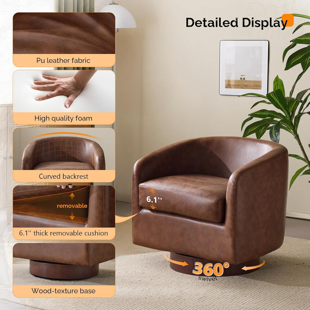 VINGLI 360°Swivel Accent Chairs Set of 2 with Engineered Wood Base and Removable Cushion for Living Room, Bedroom, Curved Back Barrel Chairs for Small Space, Upholstered Bucket Armchairs, Pu-Brown