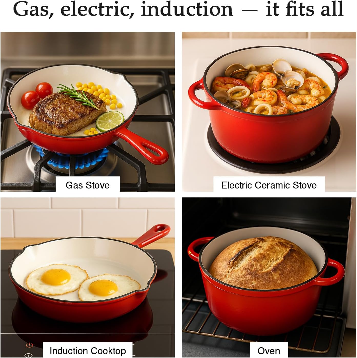 QuliMetal Nonstick Enameled Cast Iron Cookware Set, 4-Piece Pots and Pans Set with Lids, Dutch Oven for Sourdough Bread Baking, Oven Safe up to 500°F, Compatible with All Stovetops