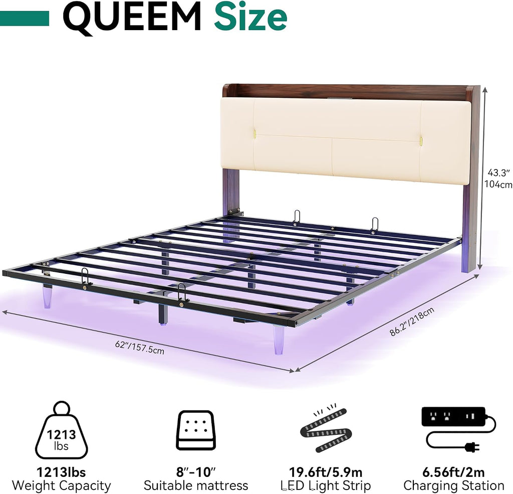 YITAHOME Queen Size Floating Bed Frame with Charging Station, PU Upholstered Platform Bed with 43.3'' Headboard, Hidden Storage, RGB LED Lights, No Box Spring Needed, Easy Assembly, Noise-Free, Beige