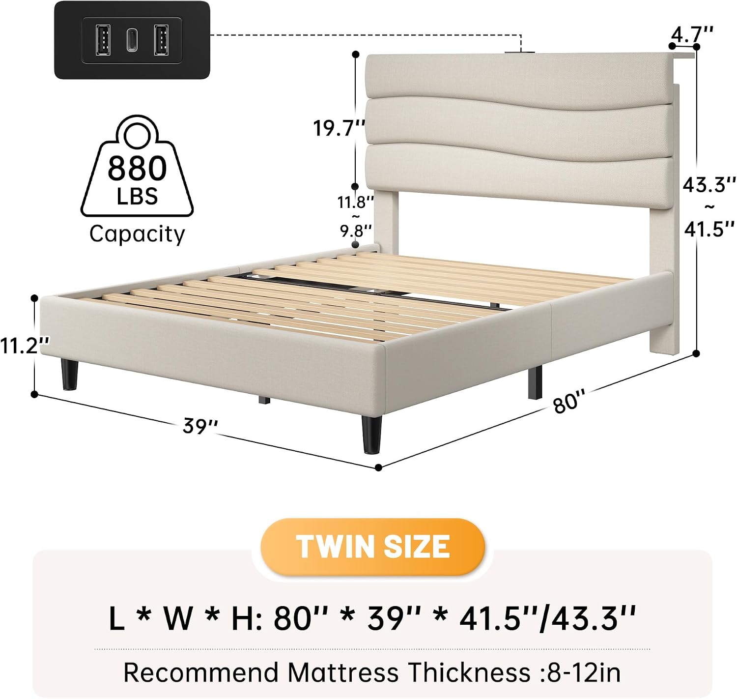 EnHomee Twin Size Bed Frame with Adjustable Height Upholstered Headboard, 3 USB Charging Ports, Noise-Free Platform Bed, No Box Spring Needed, Beige