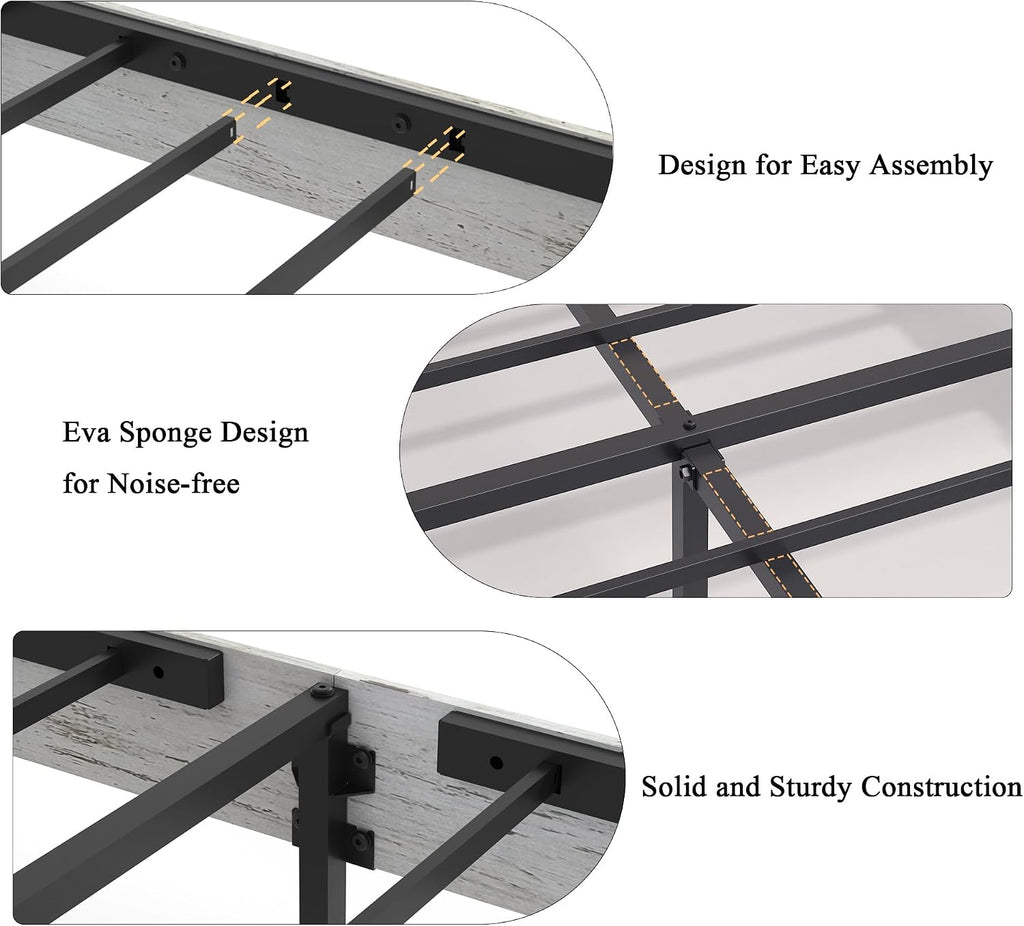 Farmhouse Wooden Bed Frame King Size with Storage Headboard, Boho Platform Bedframe with LED Lights and Charging Station, Metal Slats Support, No Box Spring Needed, White