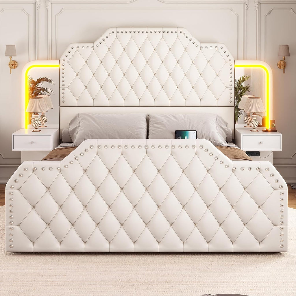Itaar Queen Bed Frame with 53' Tall Headboard and 4 Storage Drawers, PU Leather Upholstered Platform Bed Frame, Built in Charging Station & Led, 2 Nightstands with Mirror, White