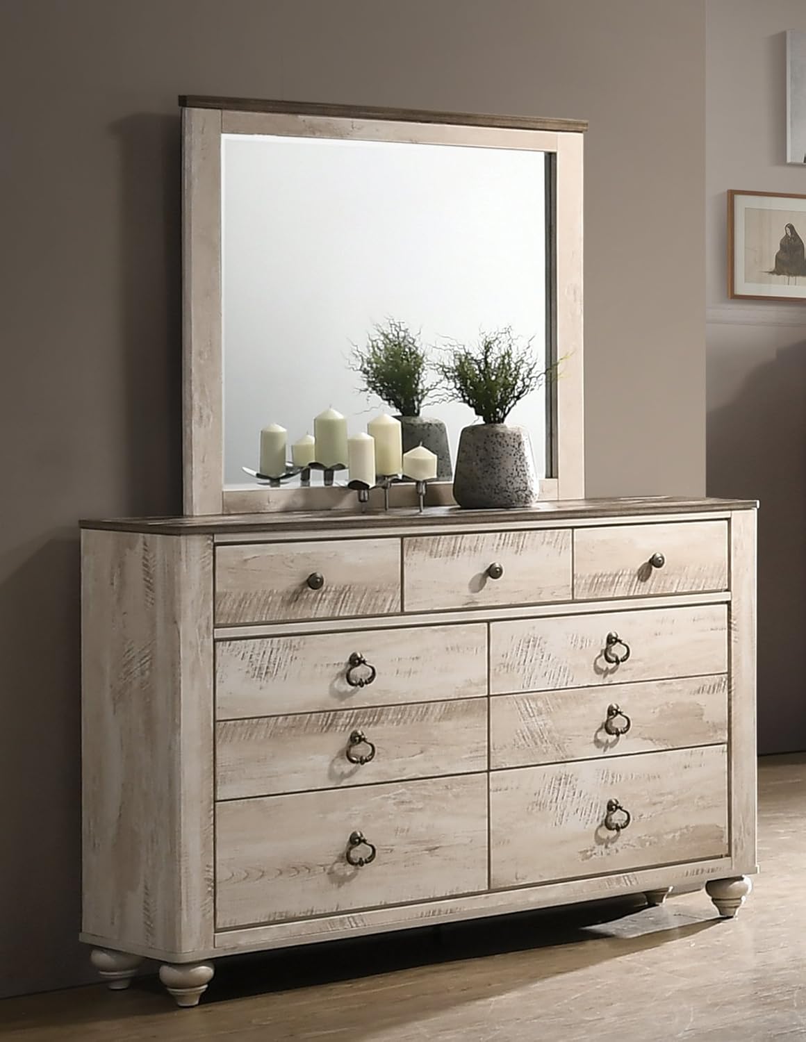 Roundhill Furniture Imerland Contemporary White-wash Finished 4-Piece Sleigh Headboard Bedroom Set, Queen