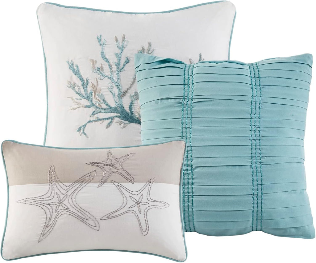 Madison Park Pebble Beach 100% Cotton Comforter Set - Coastal Coral, Starfish Design All Season Down Alternative Cozy Bedding with Matching Shams, Decorative Pillow, Queen(90'x90') Aqua 7 Piece