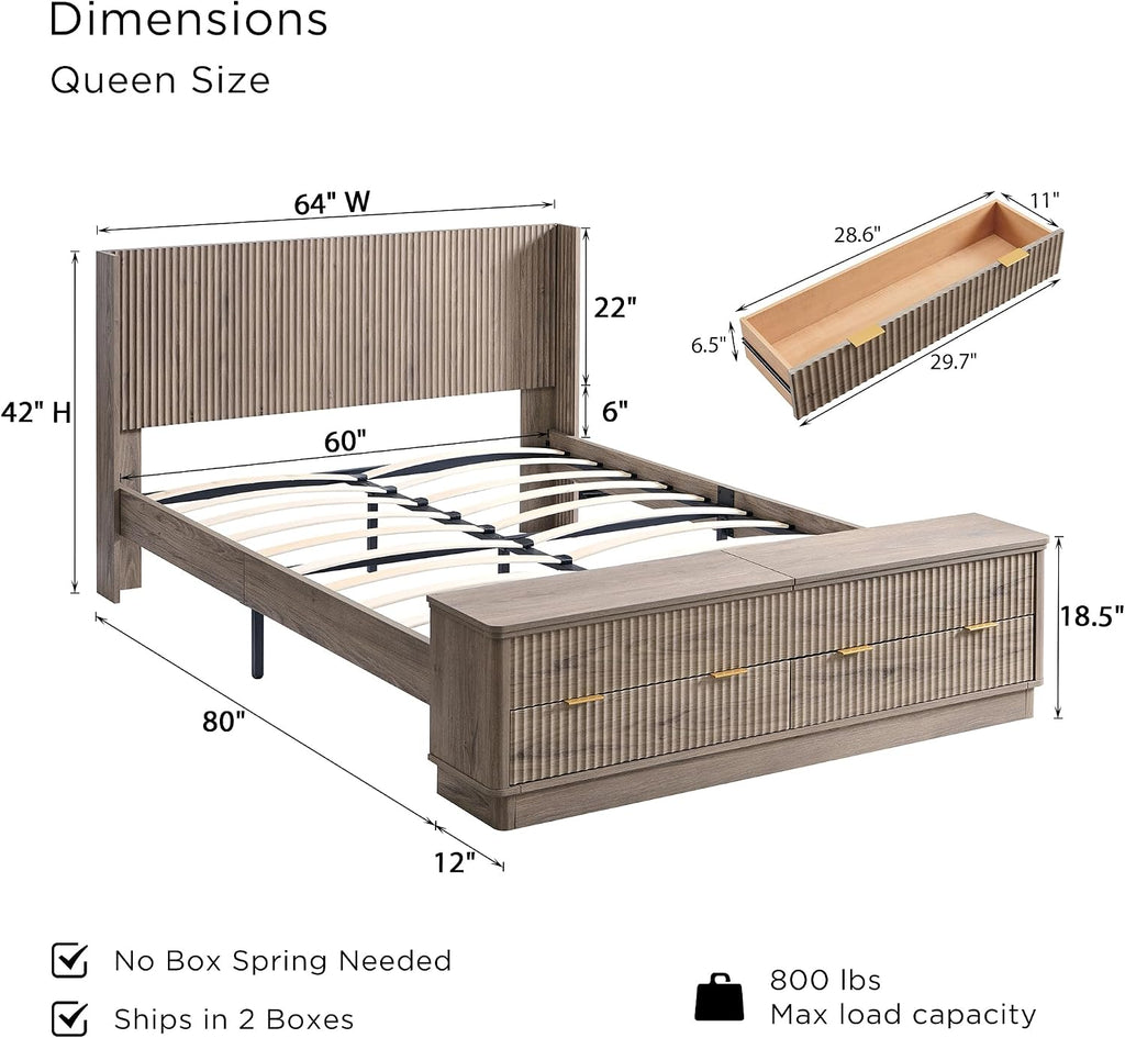 T4TREAM Fluted Queen Size Bed Frame with Wingback Headboard, Footboard Storage Bench with Built-in Drawers & Lift-Up Compartments, Wood & Steel Platform Bed, No Box Spring Needed, Grey Alder