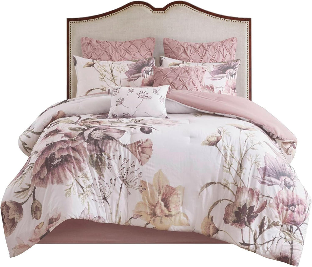 Madison Park Floral California King Comforter Set, Cotton Rich Bedding Set Feminine Design Shabby Chic Cal King Size Comforter Sets, All Season Bed Cover, Shams, Bed Skirt, Décor Pillow, Blush 8 Piece