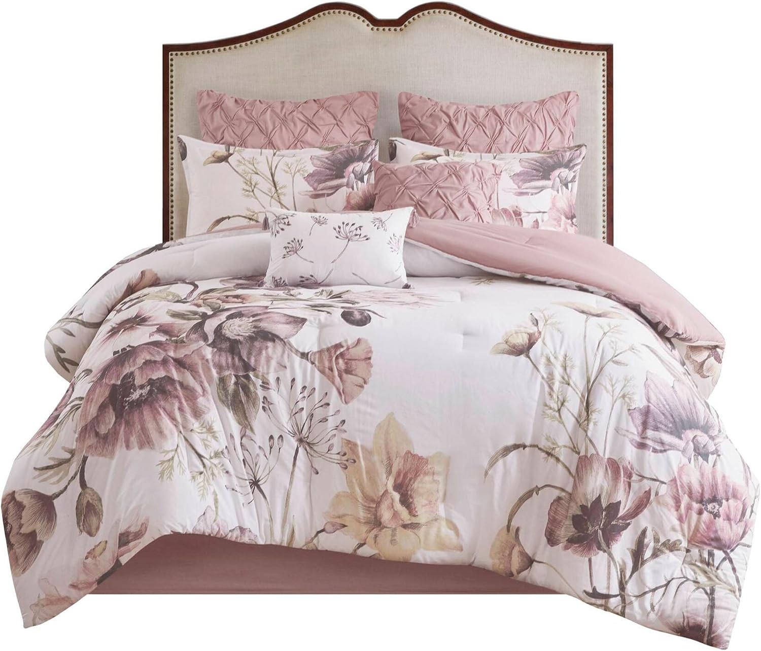 Madison Park Floral California King Comforter Set, Cotton Rich Bedding Set Feminine Design Shabby Chic Cal King Size Comforter Sets, All Season Bed Cover, Shams, Bed Skirt, Décor Pillow, Blush 8 Piece