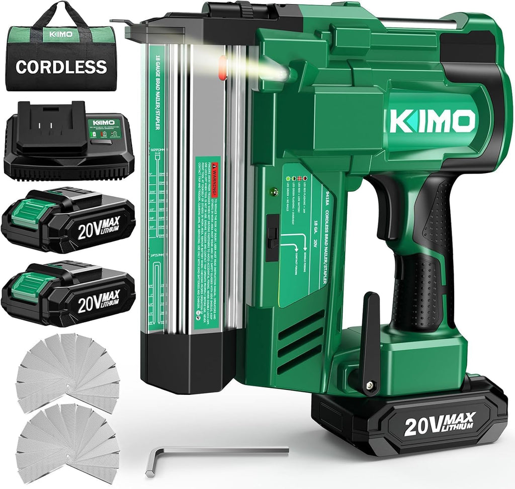 KIMO 18 Gauge Nail Gun Cordless with Battery 2.0Ah X 2, 1000pcs Nails and Staples, 2 Firing Modes, 180 Nails/min, Adjustable Nailing Depth, 2 IN 1 Cordless Brad Nailer and Stapler for DIY Project