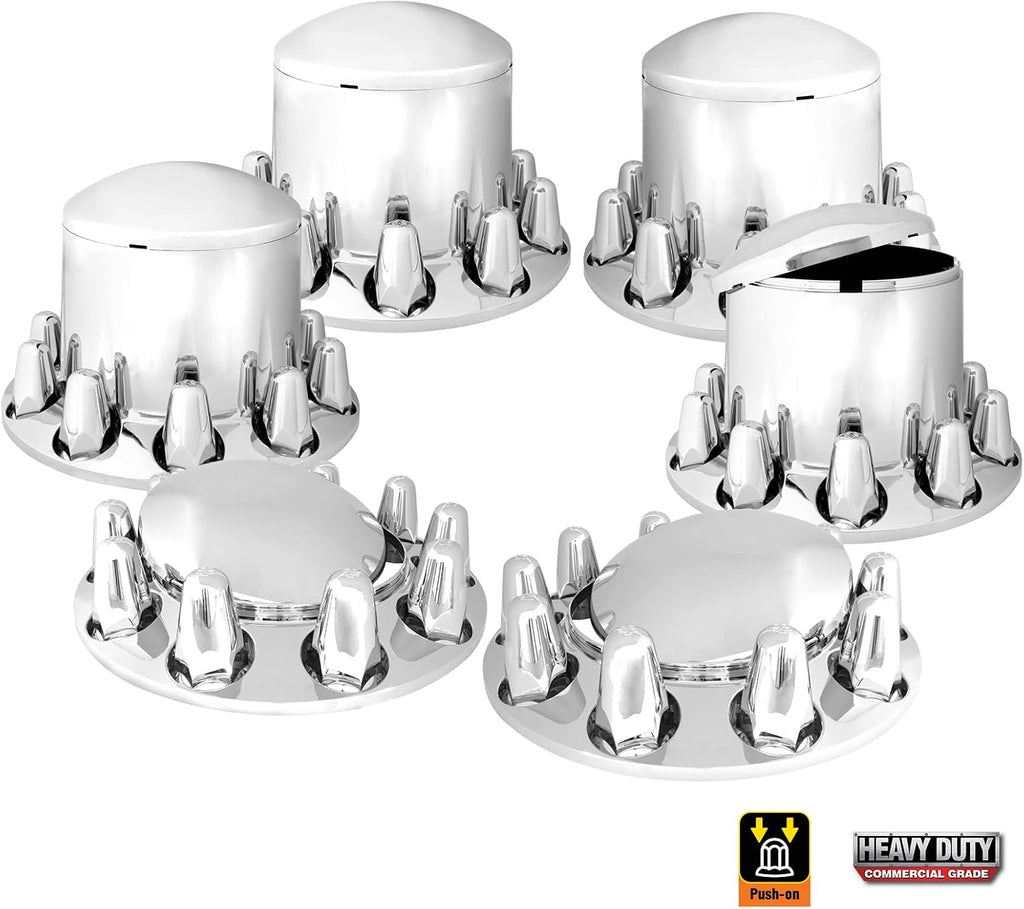 GG Grand General 40234 Chrome Plastic Complete ABS Axle Set (2 Front and 4 Rear) with Standard Hub Caps and Push-On Lug Nut Covers for Trucks, 4 Pack, 1-1/2' x 3'