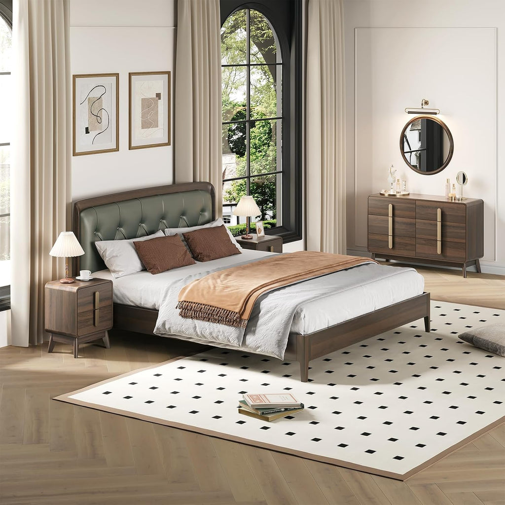 JOINICE Mid Century Modern Bedroom Set, 6 Drawer Dresser and Nightstand Sets for Bedroom, Night Stand Set 2 & 6 Drawer Dresser with Gold Handles, Wood Chest of Drawers Storage Cabinet Set, Walnut