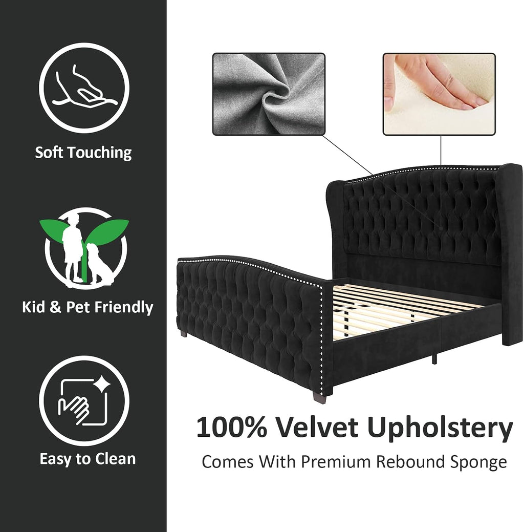 AMERLIFE Queen Size Platform Bed Frame, Velvet Upholstered Bed with Deep Button Tufted & Nailhead Trim Wingback Headboard/No Box Spring Needed/Black