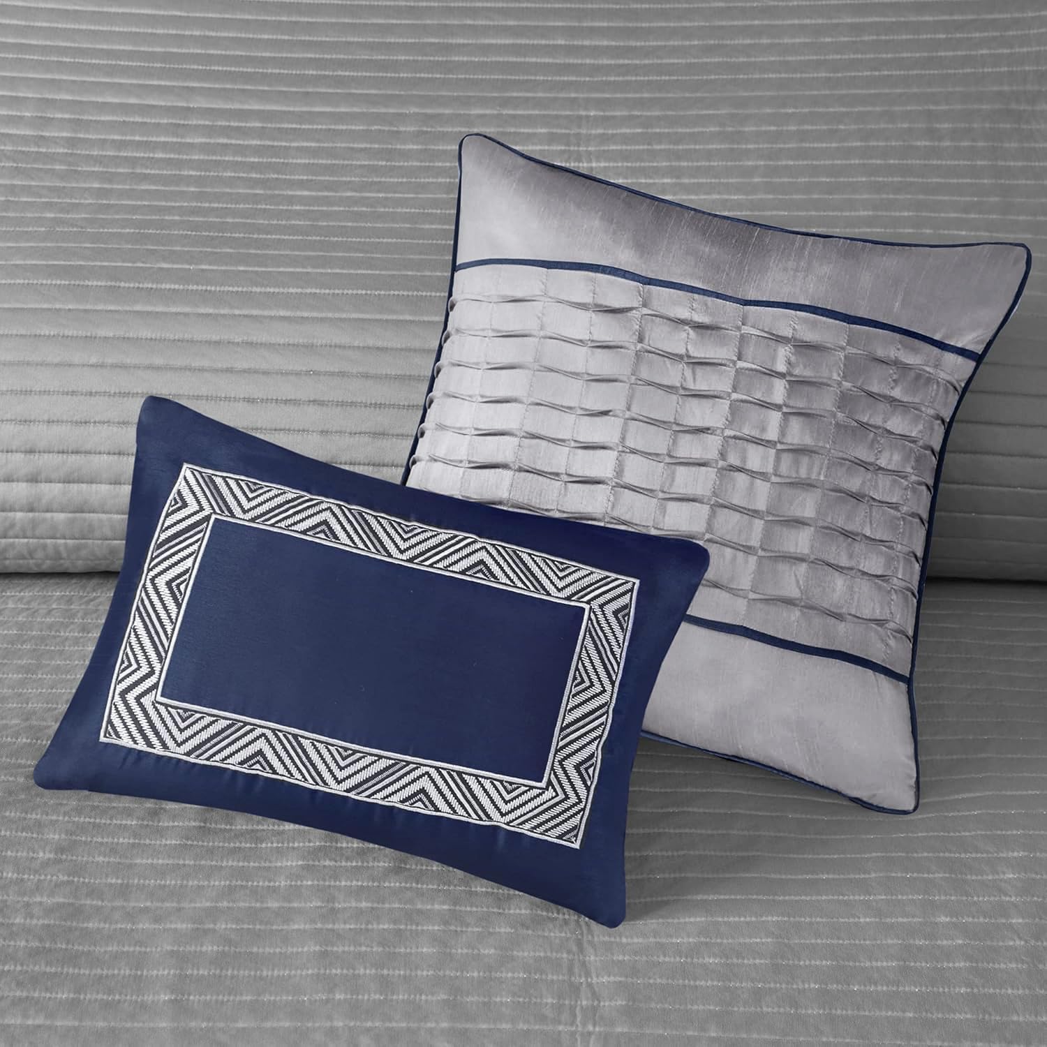 Madison Park King Quilt Set - Lustrous Jacquard & Glitter Accent Coverlet Set for King Size Bed - All Season, Lightweight, Shams, Decorative Pillow, Chevron Grey/Navy