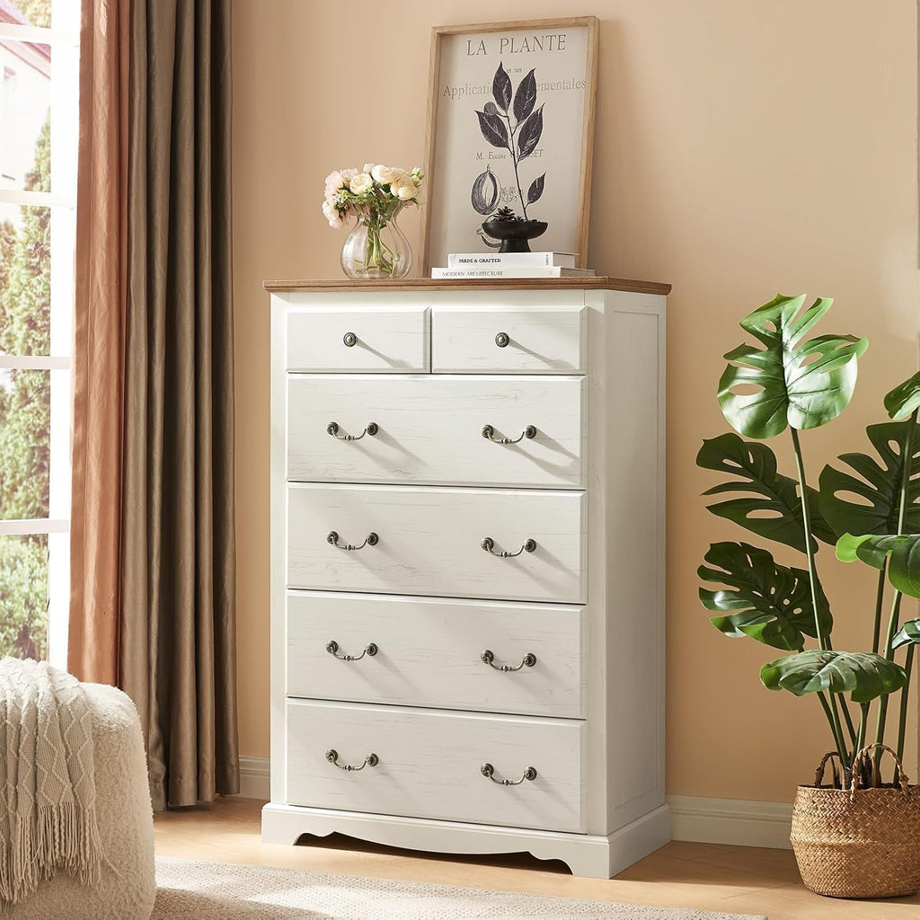 AMERLIFE 5 Pieces Farmhouse Bedroom Sets Includes King Size Farmhouse Bed Frame with 52.2' Headboard, 7 Drawers Dresser, 6 Drawer Tall Dresser, Two Nightstands with Charging Station, White