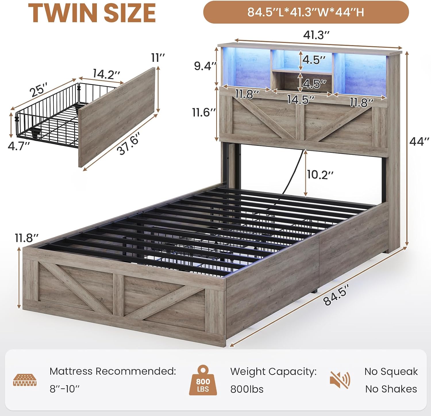VIAGDO Farmhouse Bed Frame Twin Size with Bookcase Storage Headboard, Charging Station and LED Lights, Wooden Twin Bed Frames with 4 Drawers, Barn Door Design, No Box Spring Needed, No Noise, Grey