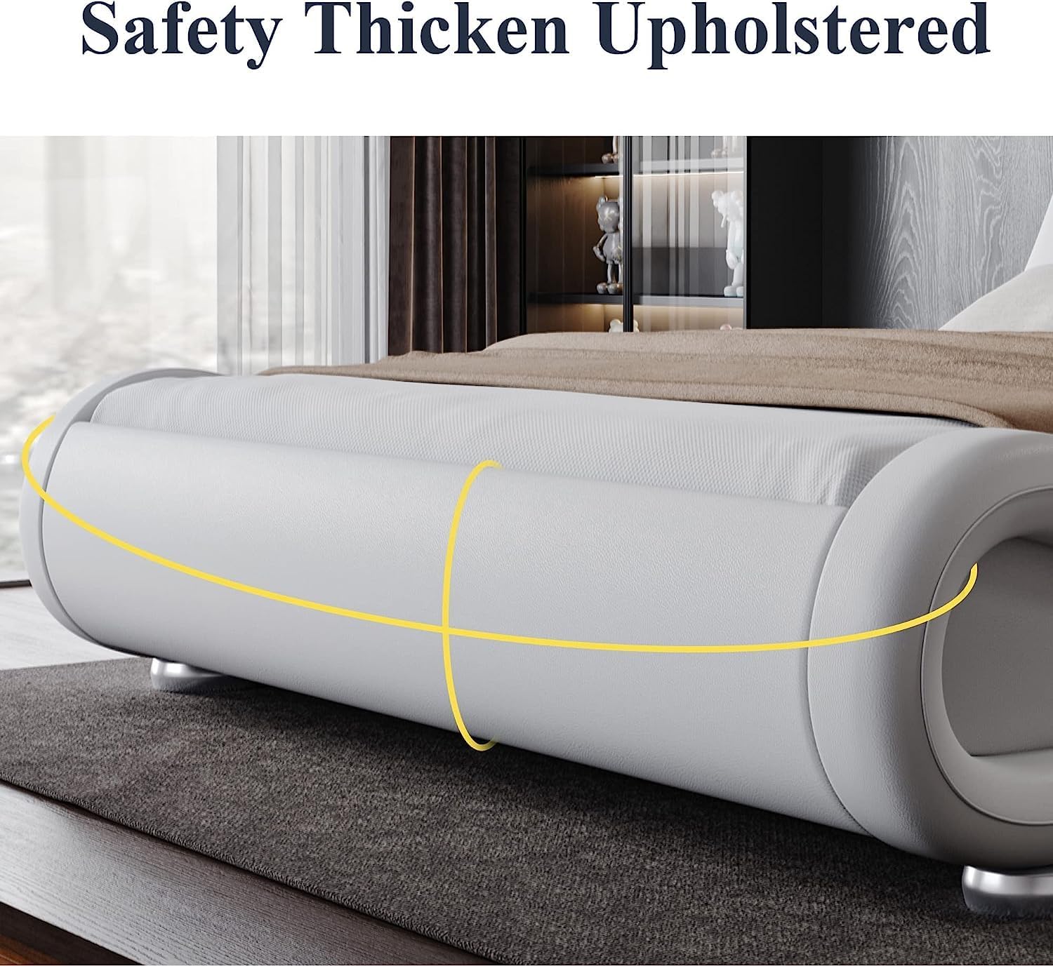 Allewie King Size Bed Frame with Ergonomic & Adjustable Headboard, Low Profile Modern Upholstered Platform Sleigh Design - Easy Assembly, No Box Spring Required, White