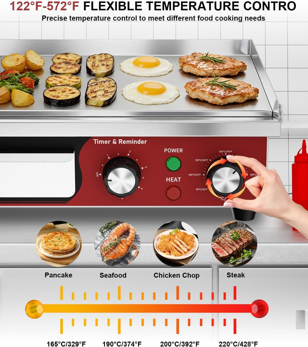 Commercial Electric Griddle 14', 1500W Electric Flat Top Grill with 5 Minute Reminder Timer, 122~572℉Adjustable Temperature Control, Stainless Steel Griddle Grill for Restaurant Kitchen