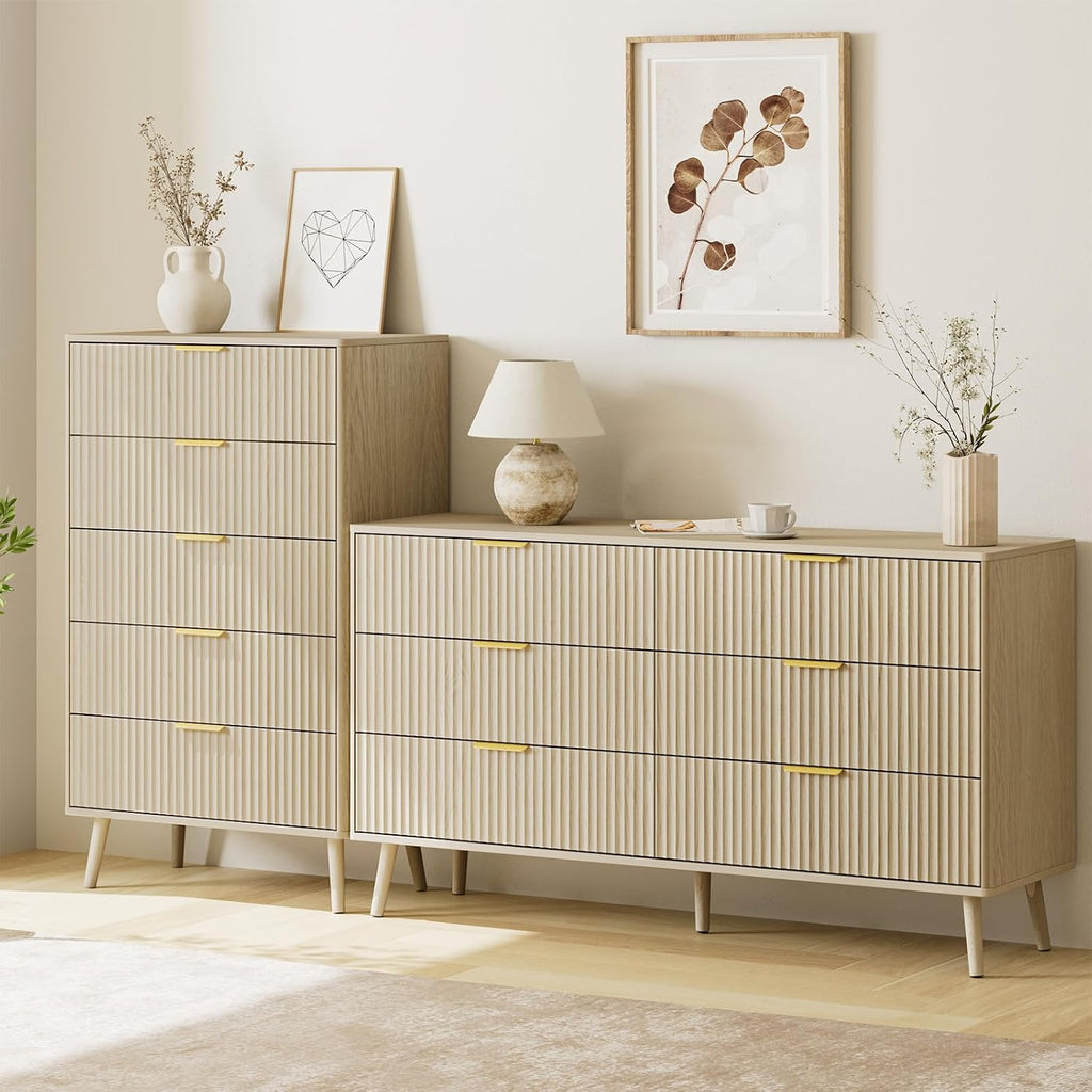 LYNSOM Fluted Dresser and Nightstand Sets 4 Piece, 2-Drawer Nightstands and 5/6 Drawers Dresser, Wood Bedroom Furniture Set for Home, Bedroom, Beige