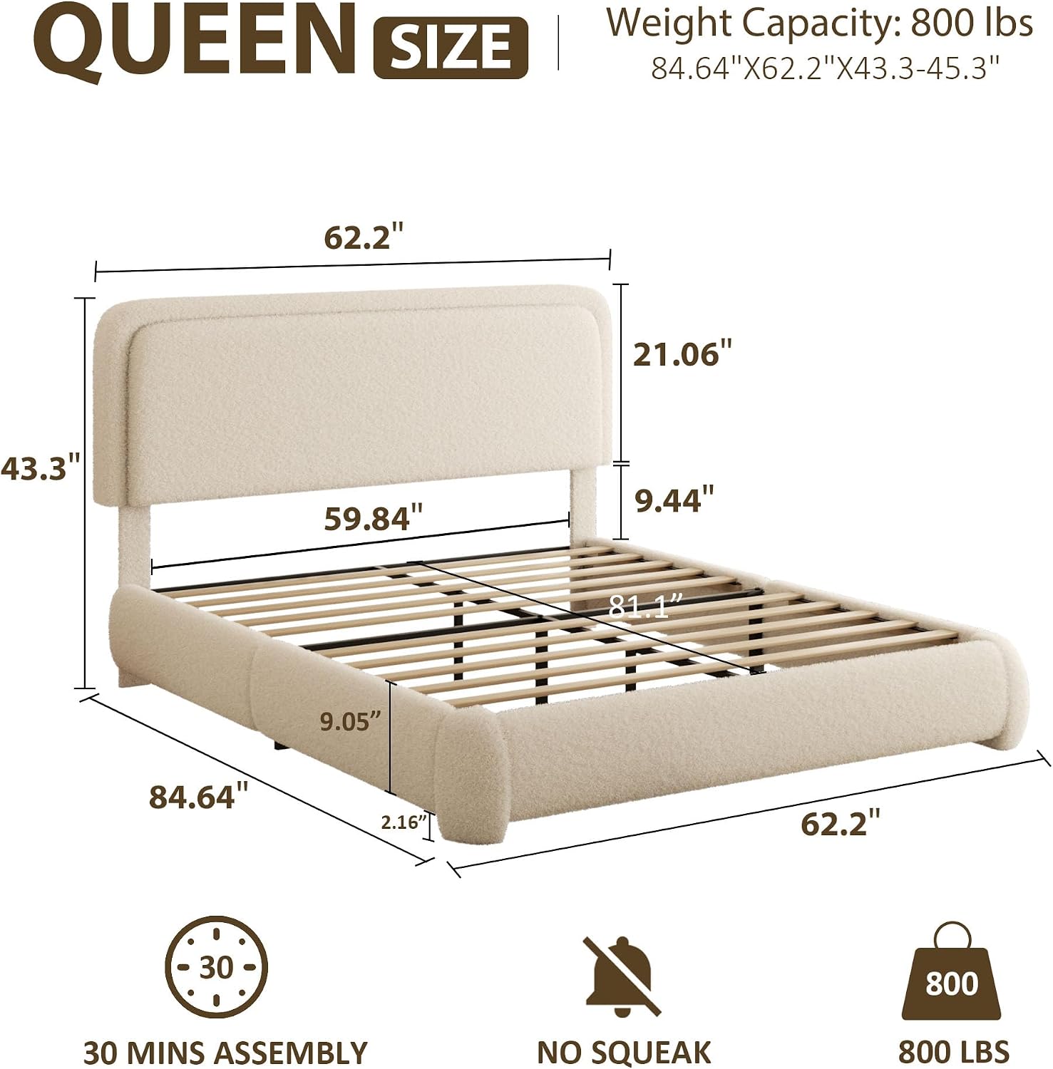Queen Bed Frame, Teddy Velvet Boucle Bed Frame with 43.3'/45.3' Adjustable Upholstered Headboard, Rounded Corners, Mattress Foundation, No Box Spring Required, Beige