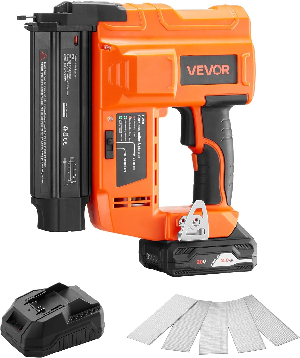 VEVOR Cordless Brad Nailer, 18 Gauge, 20V Battery Powered Nail Gun, with 500 pcs Nails, 2.0 Ah Li-ion Battery and Charger, Adjustable Nailing Depth, for Home Improvement, Woodworking, DIY Project