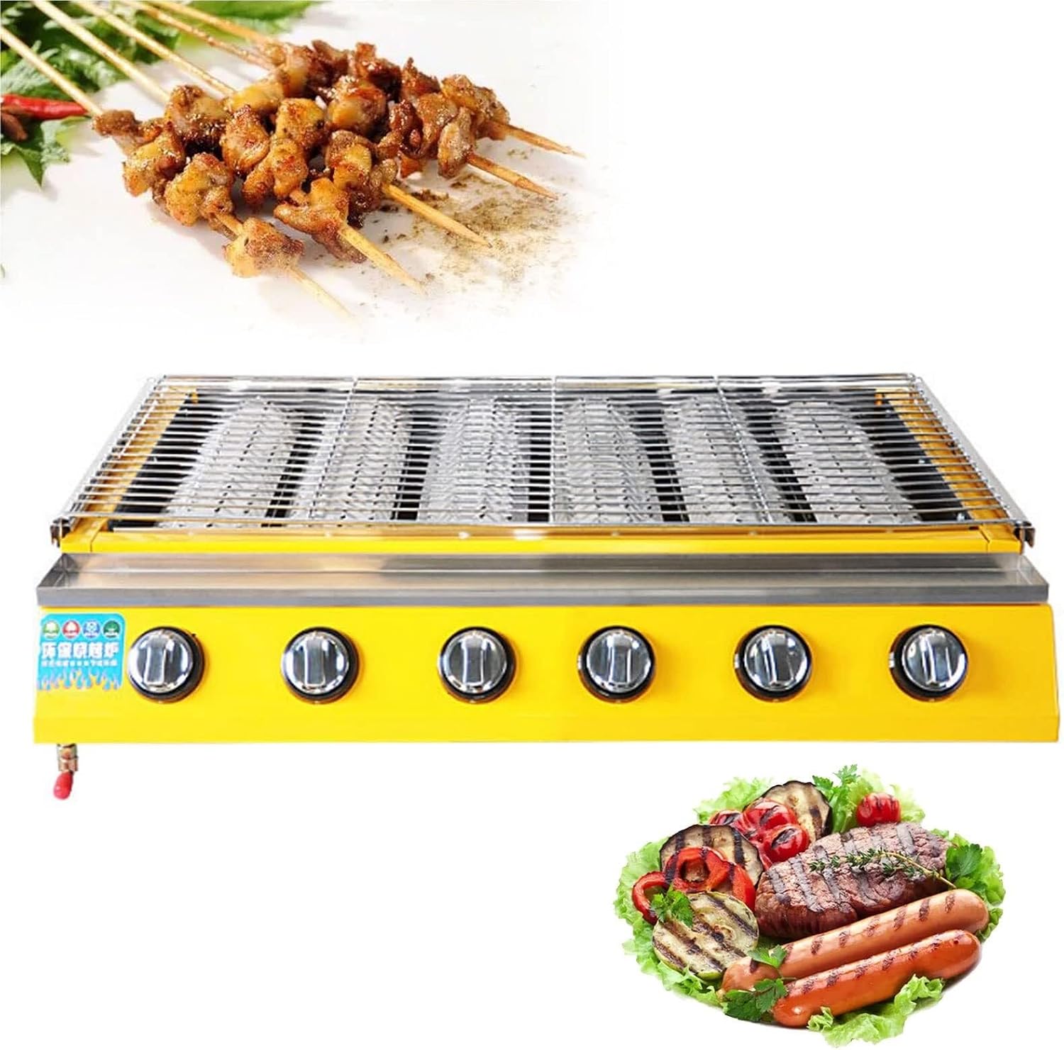 Portable Table Top Gas Grill, 6-Burner Propane Griddle, Gas Stove Cooking Grill, Outdoor Grill with Fat Catcher, Tabletop Burner for Indoor/Outdoor Backpacking Picnic BBQ Camping Picnics,Silver(Khaki)