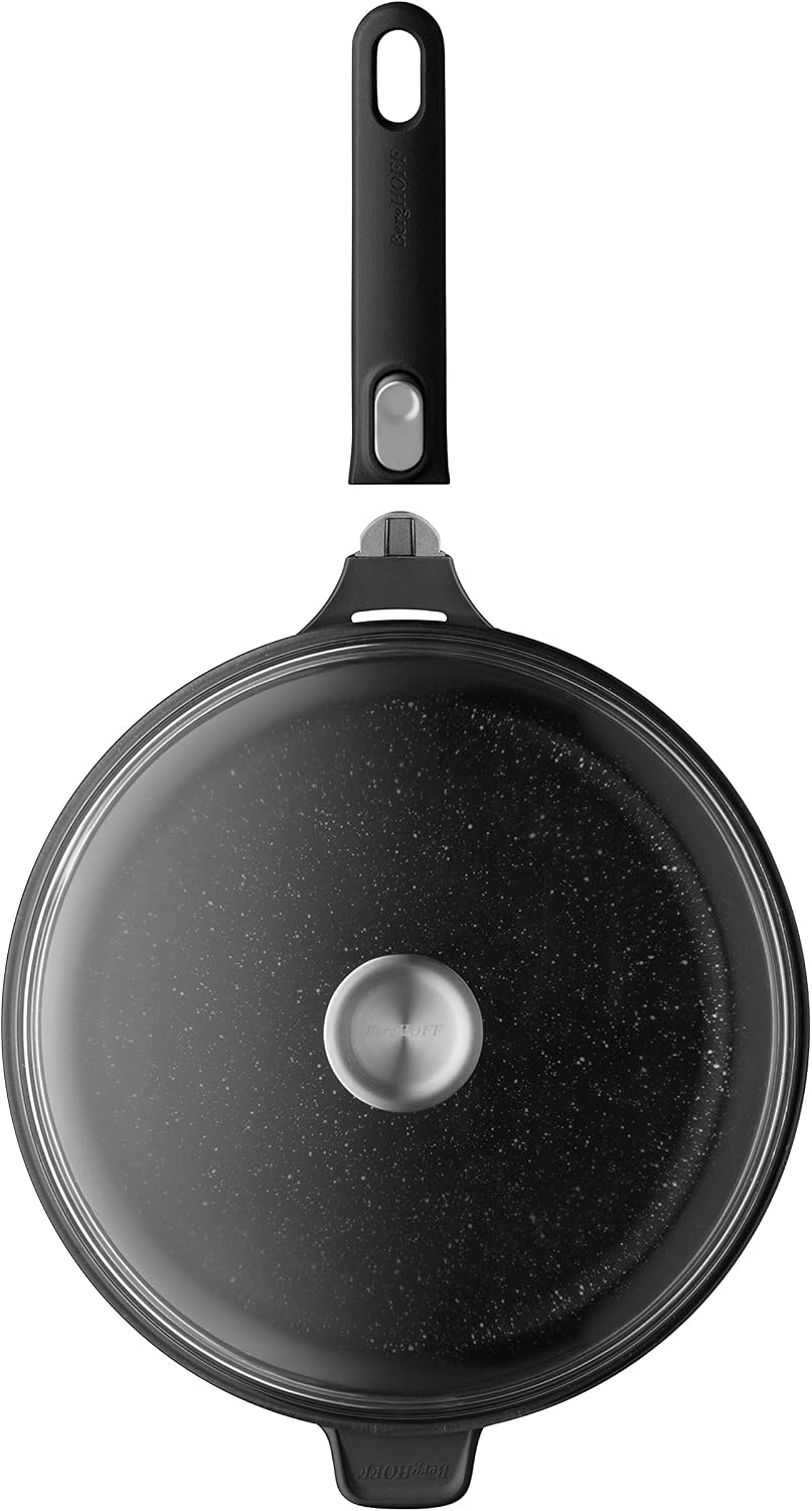 BergHOFF GEM Non-Stick 11' Sauté Pan 4.6qt., Stay-Cool Detachable Handle, Glass Lid, Ferno-Green, Non-Toxic Coating, Ovensafe