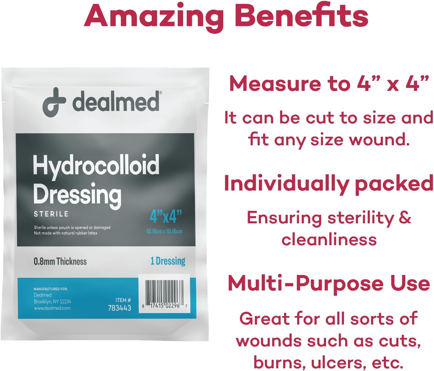 Dealmed Hydrocolloid Dressings–4' x 4' Standard Thickness Hydrocolloid Bandages, Wound Care Products for First Aid Kits, Box of 10, 24 Per Case and Individually Packed