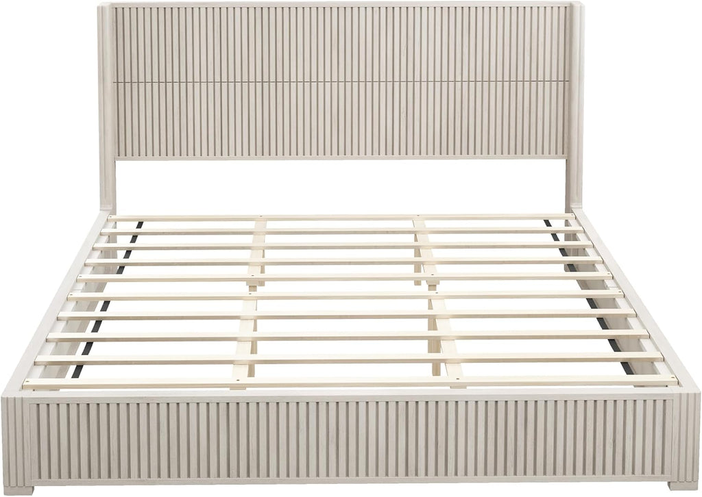 Ball & Cast Fluted King Bed Frame with Wingback Headboard,Solid Wood Platform Bed Frame King Size with Wood Slats, No Box Spring Needed, Easy Assembly,Beige
