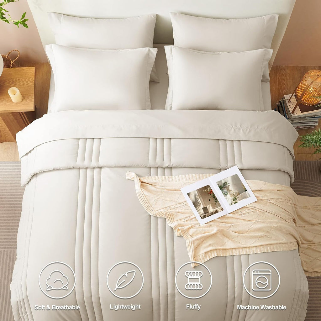 CozyLux Super King Plus Comforter Set Beige - 7 Pieces Bed in a Bag, Modern Vertical Quilted Room Decor, Soft All-Season Bedding Gift with Comforter, Sheets, Pillowcases & Shams