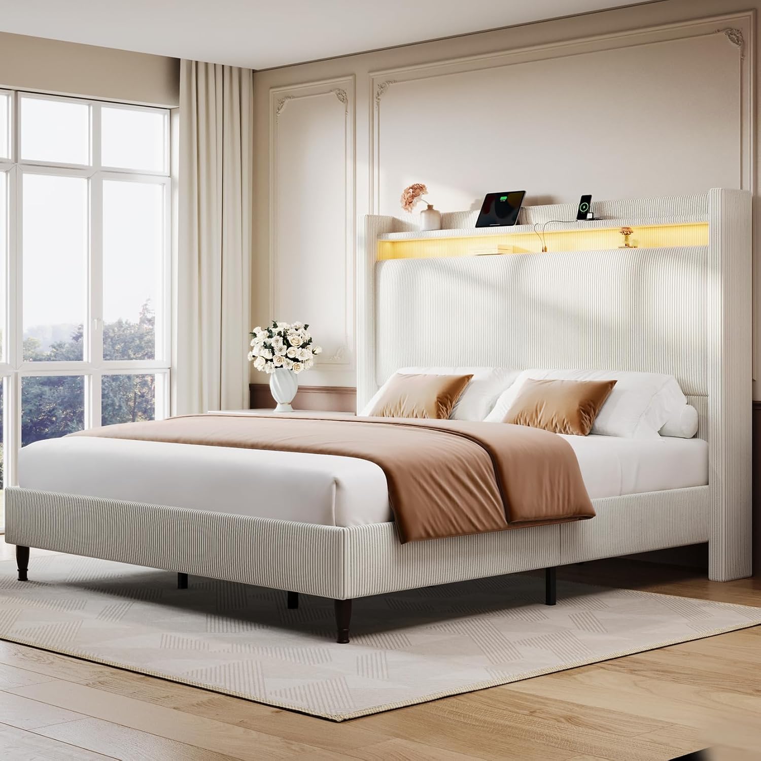 Full Size Bed Frame with Tall Headboard, 55.3' Corduroy Upholstered Platform Bedframe with LED Lights & Charging Station, Cream Full Beds, Wingback Storage Headboard, No Box Spring Needed, Wood Slats