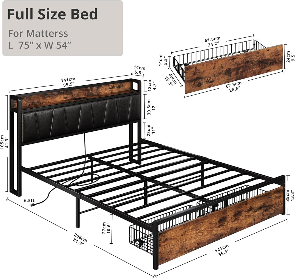 LIKIMIO Full Size Bed Frame, Storage Headboard with Charging Station, Platform Bed with Drawers, No Box Spring Needed, Easy Assembly, Industrial Brown and Black