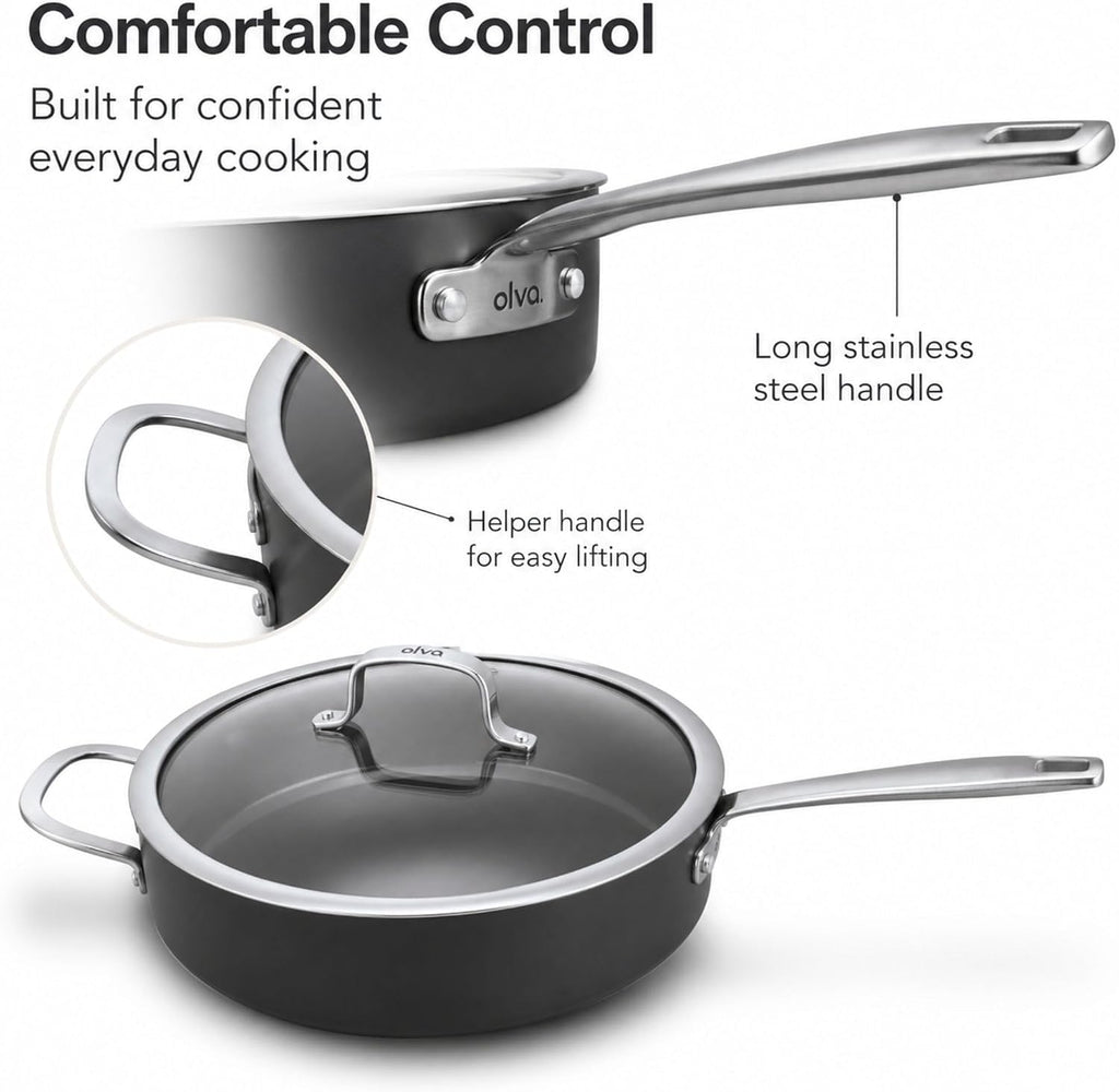 Alva Maestro 4QT Ceramic Nonstick Sauté Pan with Lid – Made With No PTFE, PFOA, PFAS, Oven & Induction Safe to 400°F – Easy Clean, Deep Sauté Pan for Family Meals, Braising & One-Pot Cooking