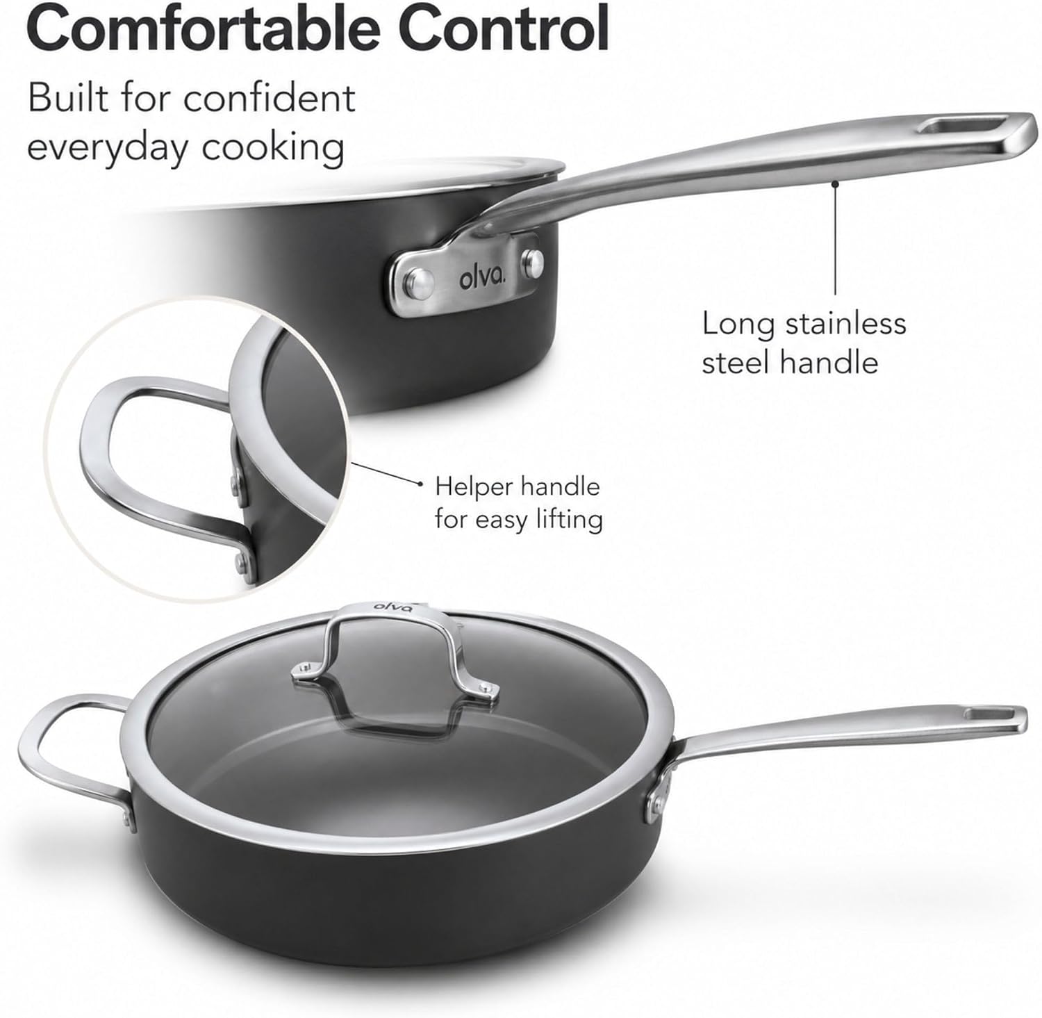 Alva Maestro 4QT Ceramic Nonstick Sauté Pan with Lid – Made With No PTFE, PFOA, PFAS, Oven & Induction Safe to 400°F – Easy Clean, Deep Sauté Pan for Family Meals, Braising & One-Pot Cooking