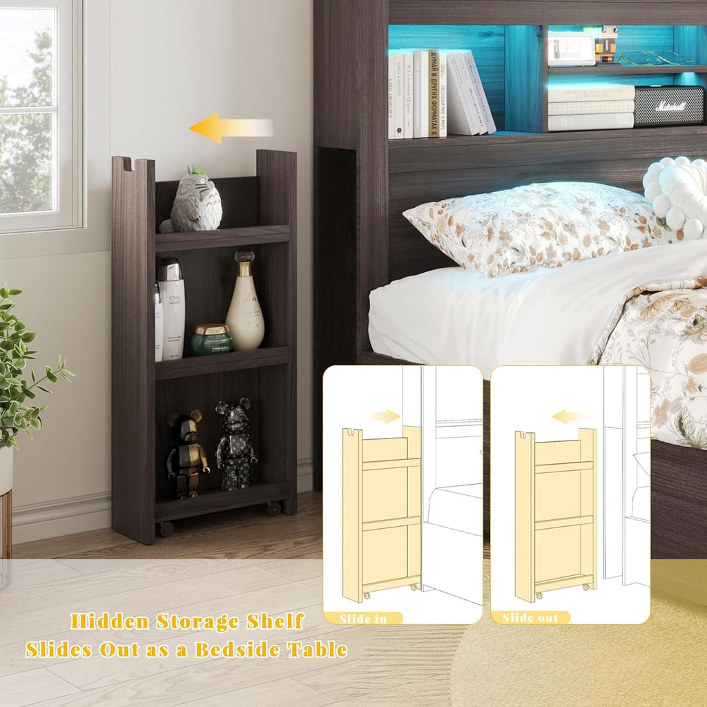 LUXOAK Queen Bed Frame with 49.6' Bookcase Headboard & 2 Bedside Stoage Racks & 4 Drawers, Farmhouse Wood Bed Frame with RGB LED & Charging Station, No Box Spring Needed, Black