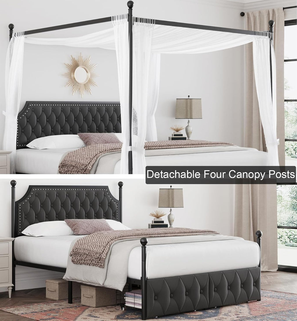 Keyluv Queen Upholstered Canopy Bed Frame with 2 Storage Drawers & Button Tufted Headboard, Metal Platform Bed with 4 Removable Posts, Two-Purpose Velvet Bed, Dark Grey/Curtain Not Included