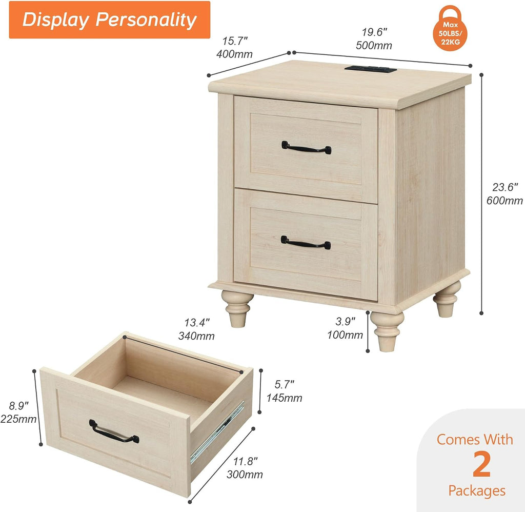 WAMPAT Nightstands with Charging Station Set of 2, 20 Inch Night Stand with 2 Drawers, Rustic Wood Bedside Table End Tables with Solid Wood Legs for Bedroom, Beige
