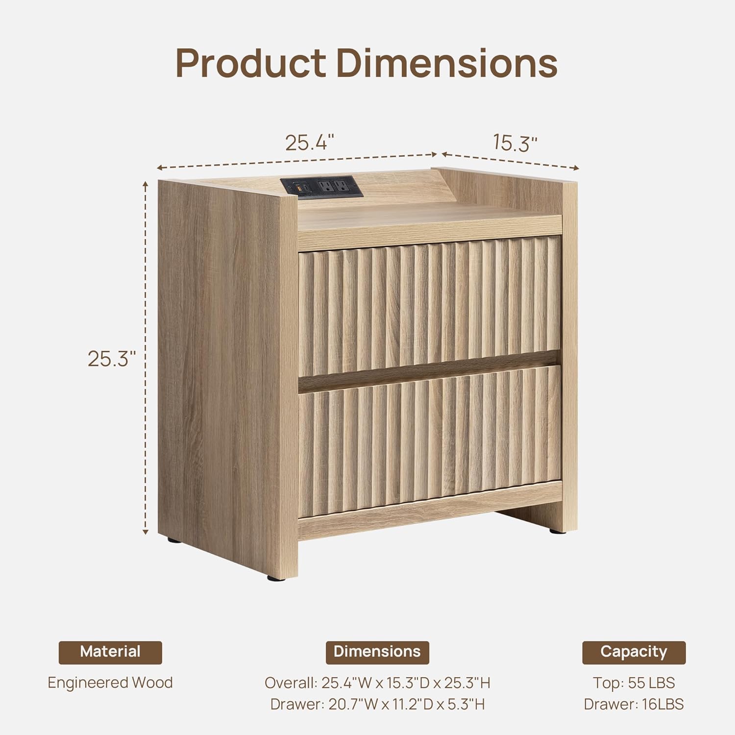 SICOTAS Night Stand Fluted Nightstands with Charging Station- Modern 2 Drawers Nightstand 25' Tall Bedside Table End Table, Large Night Stands for Bedroom, Sofa Side (Light Oak, 1 Piece)
