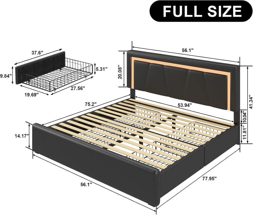 Benevika Full Bed Frame with 4 Storage Drawers and Adjustable Headboard, Upholstered Platform Bed with LED Lights and USB Ports, Solid Wooden Slats Support, Faux Leather, Easy Assembly, Black