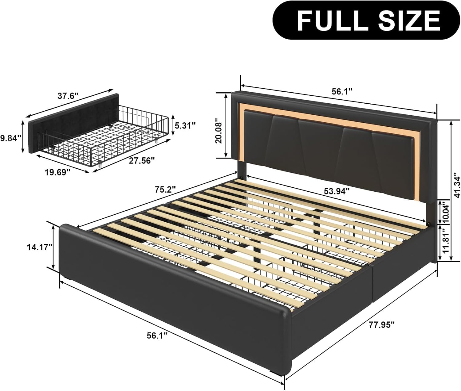 Benevika Full Bed Frame with 4 Storage Drawers and Adjustable Headboard, Upholstered Platform Bed with LED Lights and USB Ports, Solid Wooden Slats Support, Faux Leather, Easy Assembly, Black