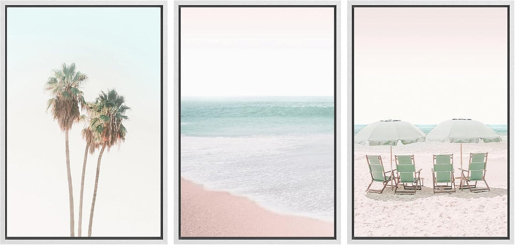 SIGNWIN Framed Canvas Print Wall Art Set Retro Vintage Pastel Tropical Island Beach Nature Wilderness Photography Modern Art Landscape Relax/Calm for Living Room, Bedroom, Office - 24'x36'x3 White