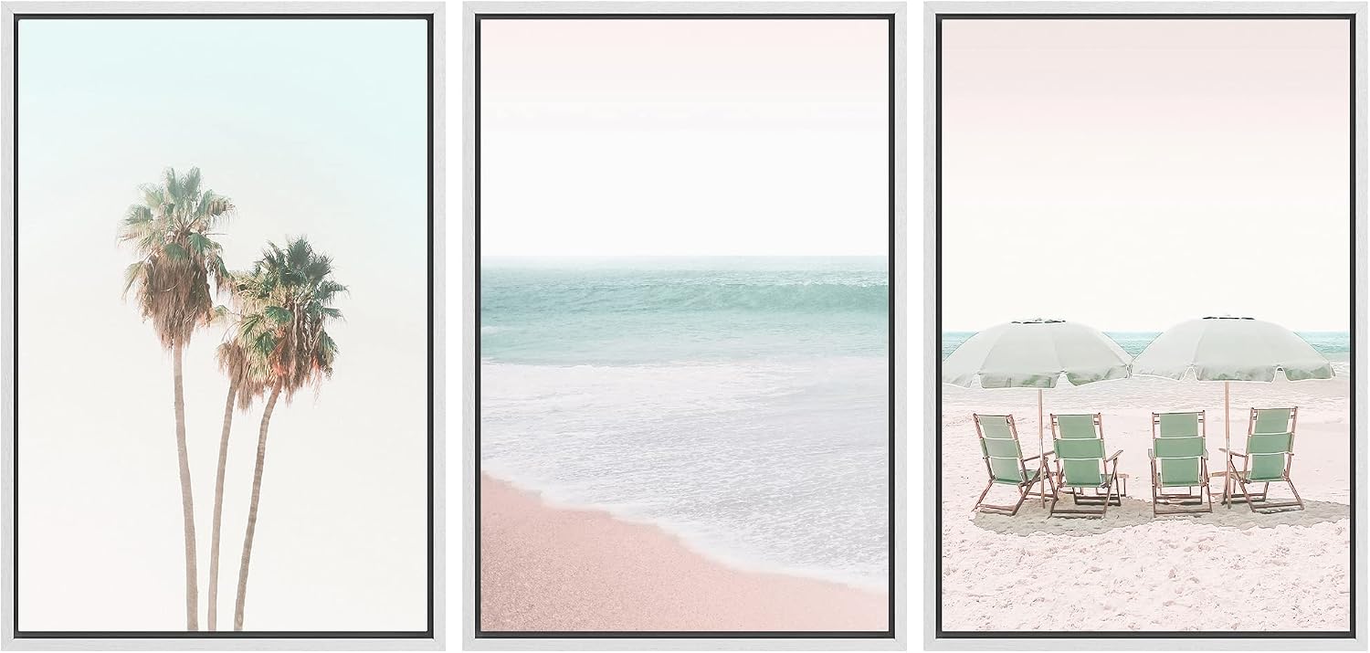 SIGNWIN Framed Canvas Print Wall Art Set Retro Vintage Pastel Tropical Island Beach Nature Wilderness Photography Modern Art Landscape Relax/Calm for Living Room, Bedroom, Office - 24'x36'x3 White