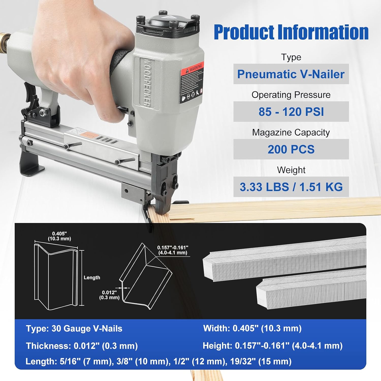 Woodpecker V1015 Pneumatic Picture Frame V Nailer Fits 7 mm to 15 mm (9/32' to 19/32') V Nails, Frame Stapler or Joiner for Picture Framing