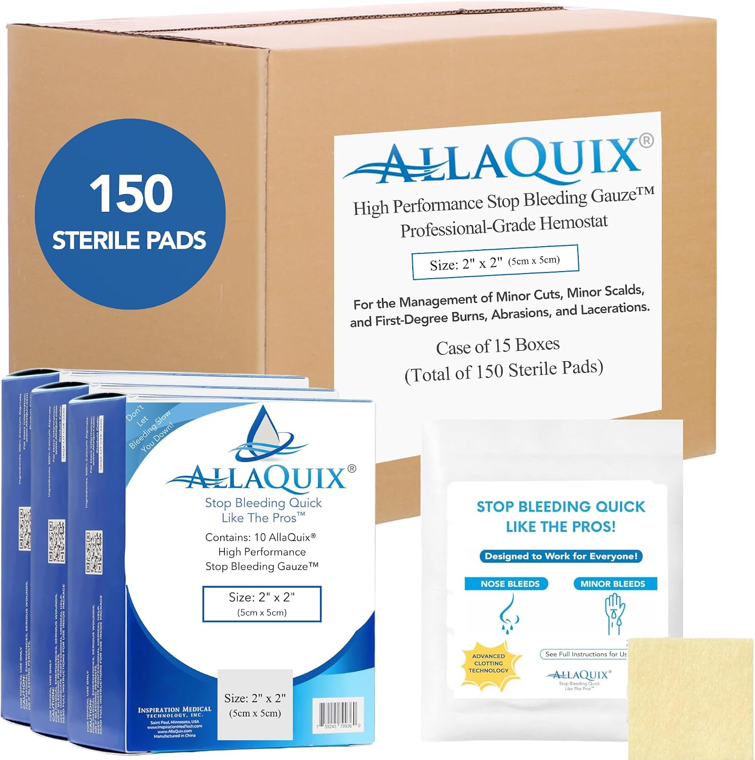 Bulk AllaQuix High Performance Chitosan Hemostatic Gauze – Wholesale Case (15 × 10- Pack 2'x2' Boxes = 150 Sterile Pads) – for Hospitals, Clinics, Ambulatory Surgery, EMS & Distributor Supply