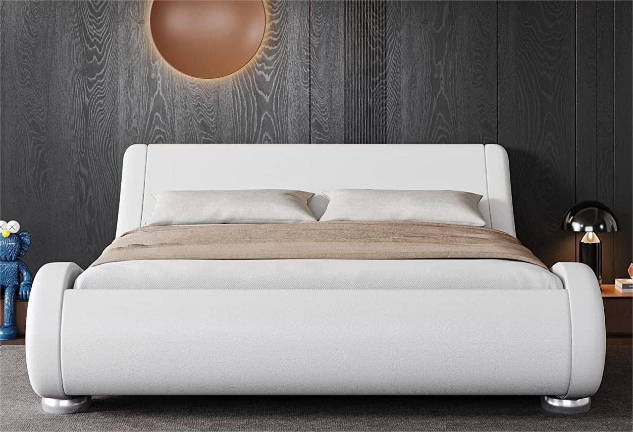 Allewie Full Size Bed Frame with Ergonomic & Adjustable Headboard, Low Profile Modern Upholstered Platform Sleigh Design - Easy Assembly, No Box Spring Required, White