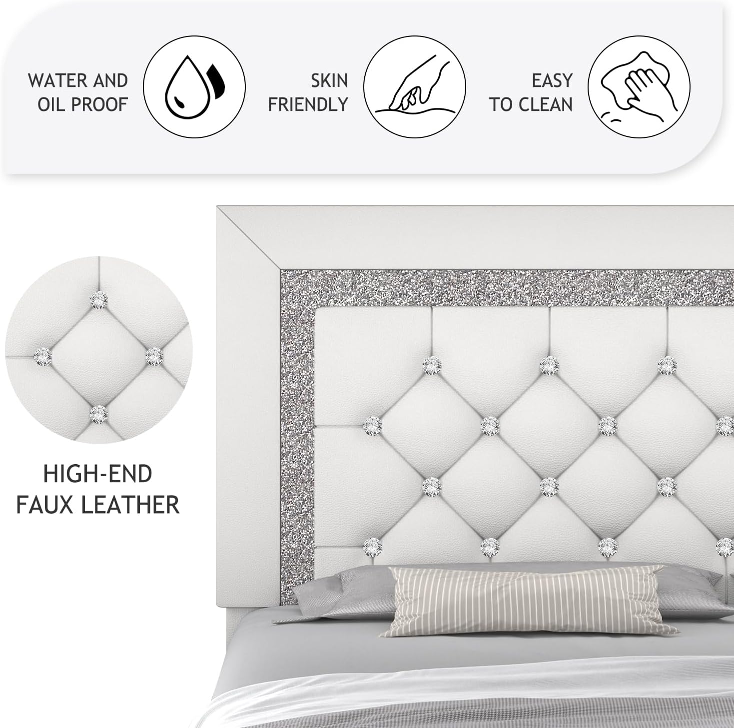Queen Bed Frame, Faux Leather Platform Bed with Upholstered Diamond Headboard, Mattress Foundation with Strong Wooden Slats Support, No Box Spring Required, Easy Assembly, White