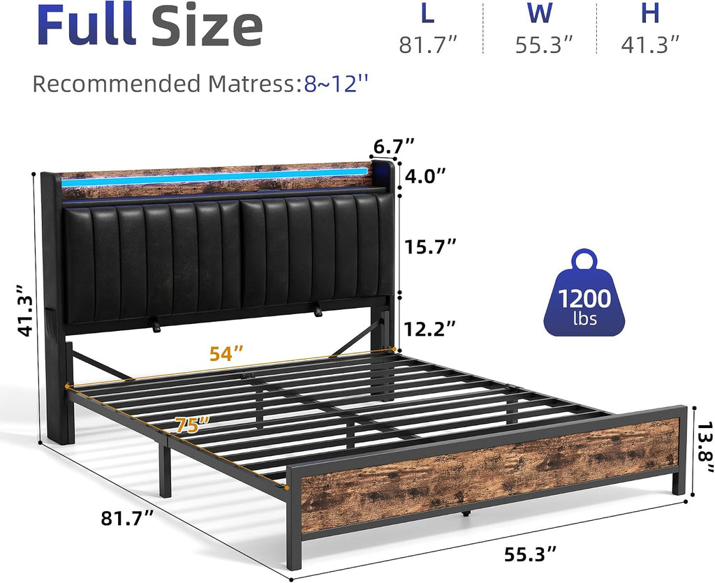 Full Size Bed Frame with Adjustable Backrest Hidden Storage Headboard, PU Leather Upholstered Full Bed Frame with Charging Station and LED Lights, Heavy Duty, No Box Spring Needed, Black&Brown