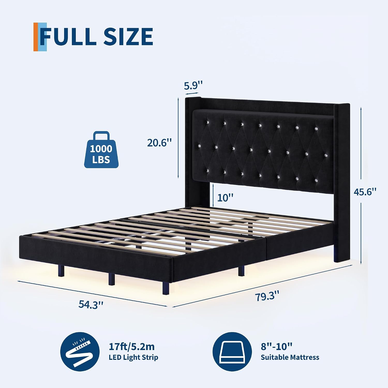 IDEALHOUSE Full Size Bed Frame with LED Lights, Floating Platform Bed with Velvet Upholstered Storage Headboard, No Box Spring Needed, Noise Free, Easy Assembly