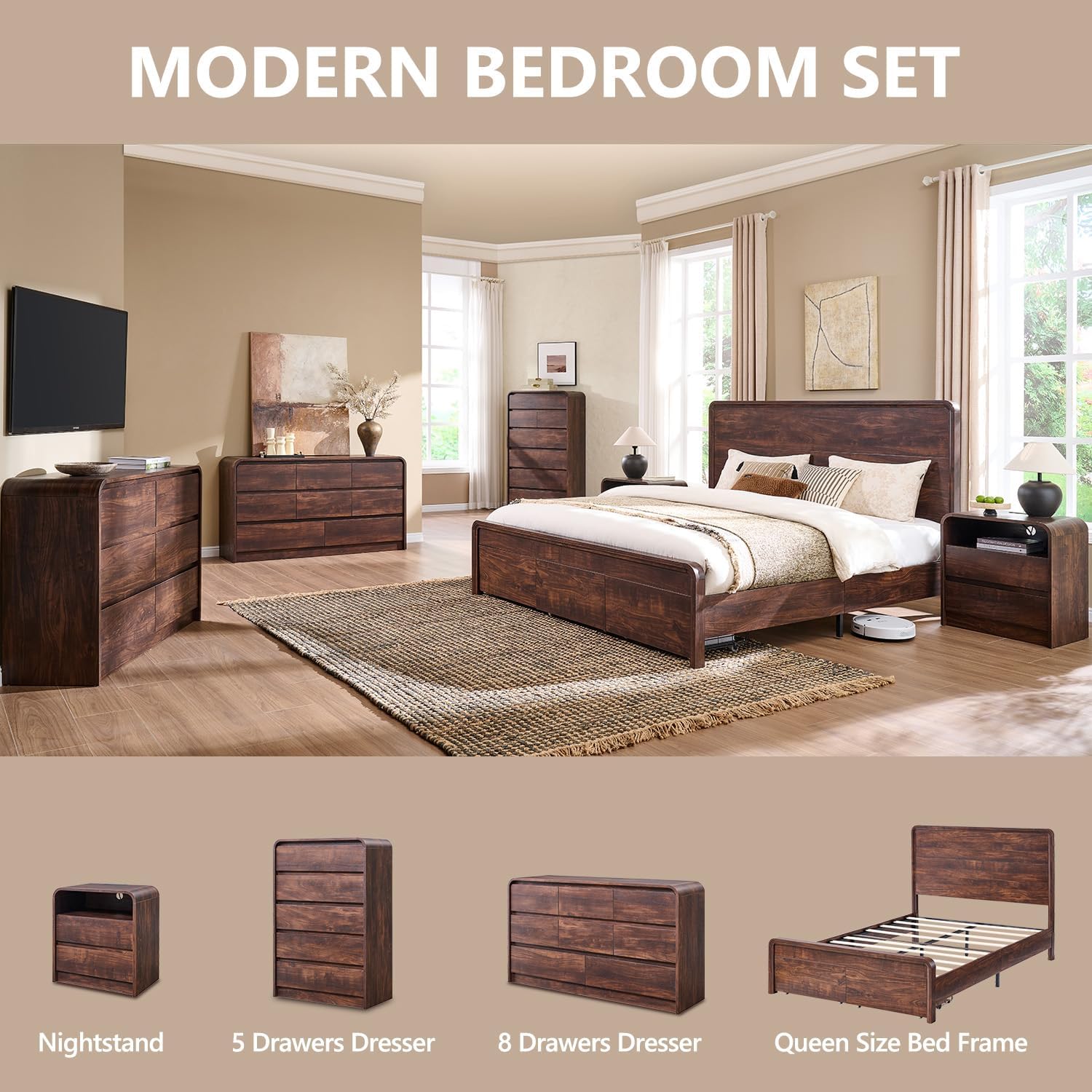 Aitjunz Modern Queen Size Bed Frame with 50' Tall Headboard, Wood Queen Size Platform Bed Frame w/3 Storage Drawers, Curved Profile Design, Wood & Steel Platform Bed, No Box Spring Needed, Dark Walnut
